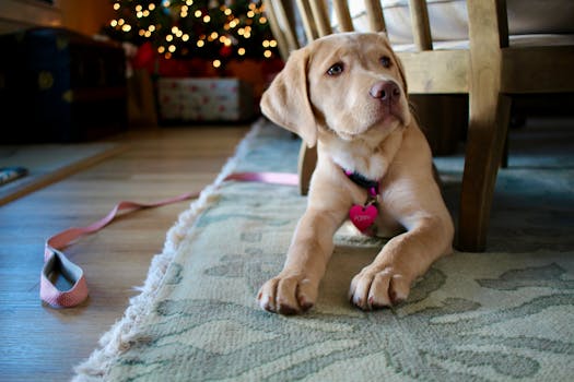 Adorable Labrador puppy lies on rug under Christmas tree, creating a festive and heartwarming scene indoors.